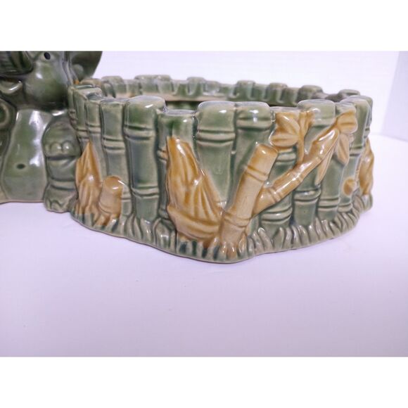 Majolica Pottery Lucky Happy Trunk Up Elephant with Bamboo Vintage Planter - Picture 8 of 11